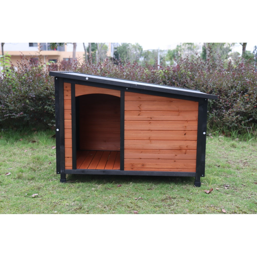 46"Dog House Outdoor & Indoor  Wooden Dog Kennel for Winter with Raised Feet Weatherproof for Large Dogs(Gold red and black)PVC waterproof roof(L)