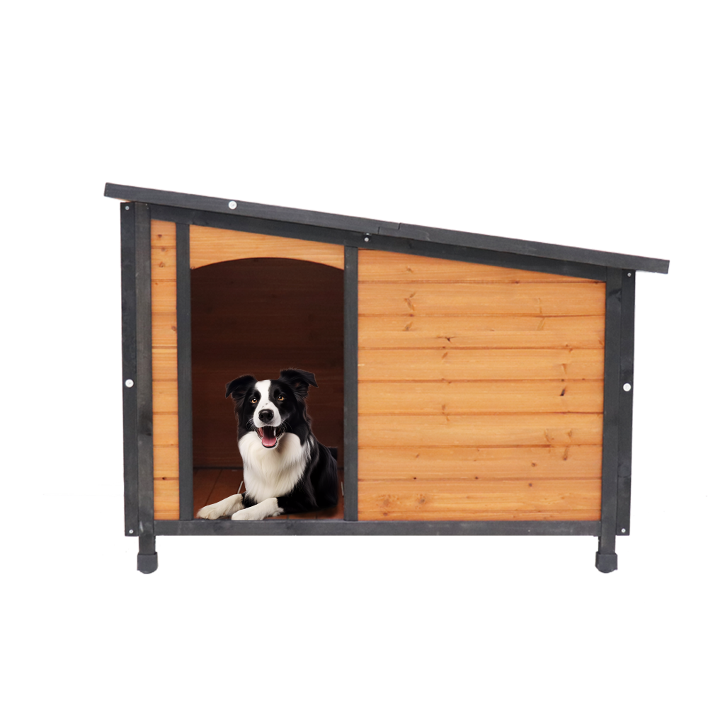 46"Dog House Outdoor & Indoor  Wooden Dog Kennel for Winter with Raised Feet Weatherproof for Large Dogs(Gold red and black)PVC waterproof roof(L)