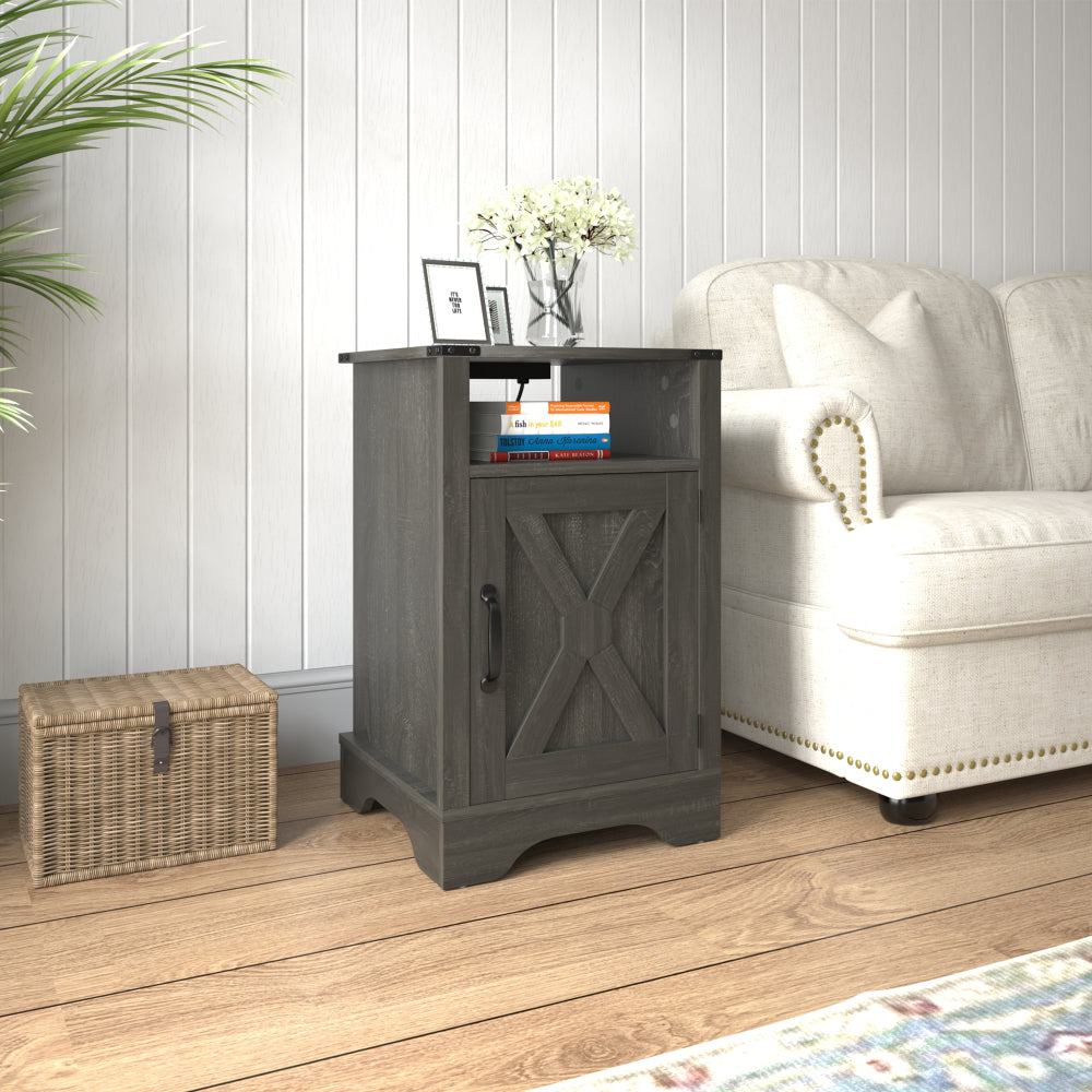 SunJet Farmhouse Nightstand Side Table, Wooden Rustic End Table, Tall Bedside Table with Electrical Outlets Charging Station - Dark Gray