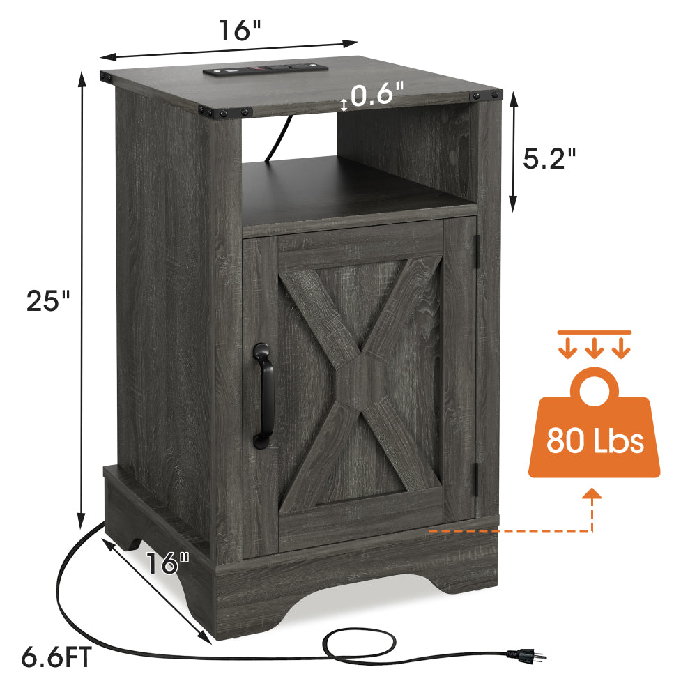 SunJet Farmhouse Nightstand Side Table, Wooden Rustic End Table, Tall Bedside Table with Electrical Outlets Charging Station - Dark Gray