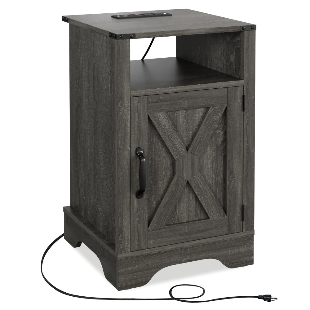 SunJet Farmhouse Nightstand Side Table, Wooden Rustic End Table, Tall Bedside Table with Electrical Outlets Charging Station - Dark Gray