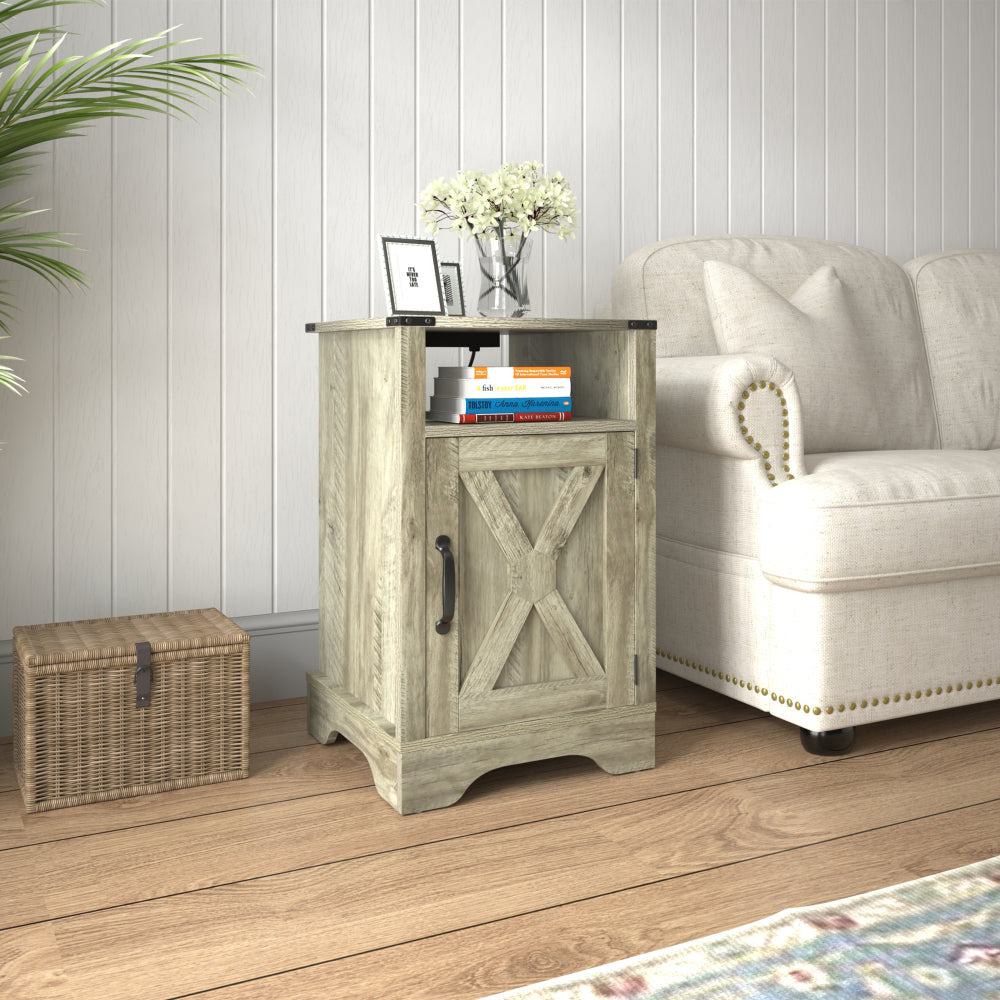 SunJet Farmhouse Nightstand Side Table, Wooden Rustic End Table, Tall Bedside Table with Electrical Outlets Charging Station - Dark Gray