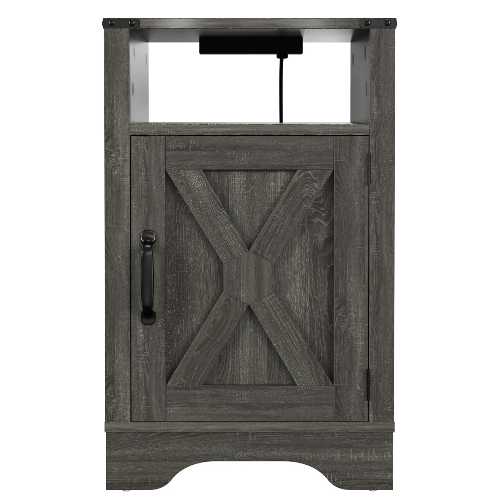 SunJet Farmhouse Nightstand Side Table, Wooden Rustic End Table, Tall Bedside Table with Electrical Outlets Charging Station - Dark Gray