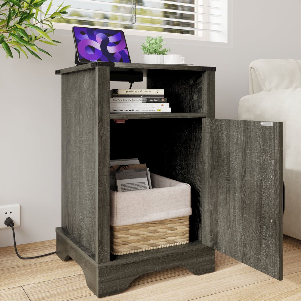 SunJet Farmhouse Nightstand Side Table, Wooden Rustic End Table, Tall Bedside Table with Electrical Outlets Charging Station - Dark Gray