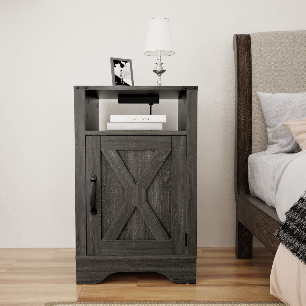 SunJet Farmhouse Nightstand Side Table, Wooden Rustic End Table, Tall Bedside Table with Electrical Outlets Charging Station - Dark Gray