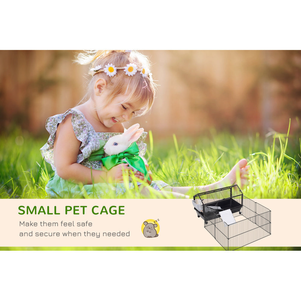 Small Animal Playpen Cage w/ Rolling Caster, Water Bottle, 35" L