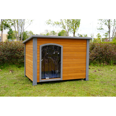 45" winter warm outdoor indoor dog house, made of solid wood, plastic curtain, insulation mat.