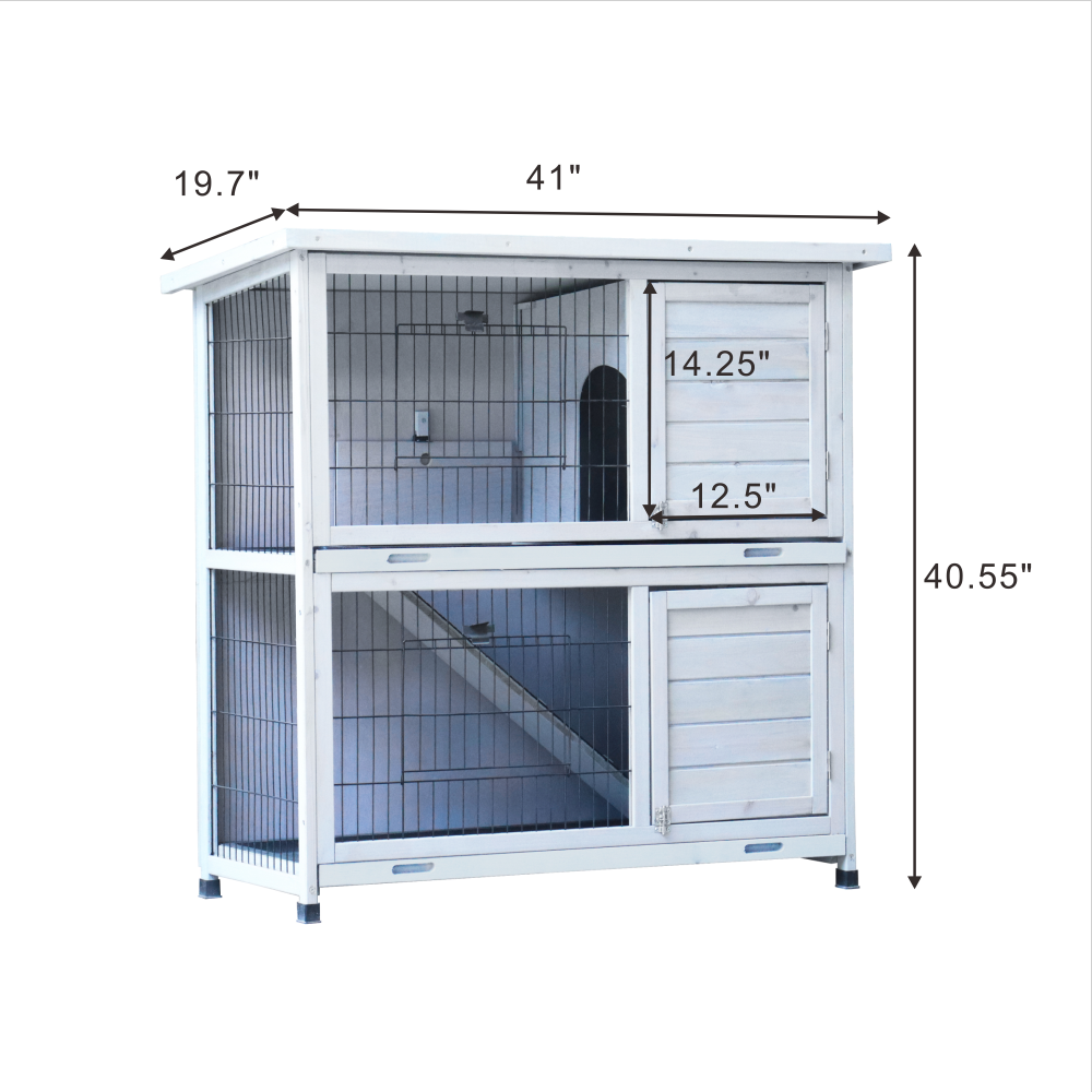 Rabbit Hutch Outdoor, 2-Story Rabbit Cage Indoor with Run, Bunny Cage with 2 Removable No-Leak Trays, Pet Cages with Non-Slip Ramp, Waterproof Roof, Fence, for Small Animals