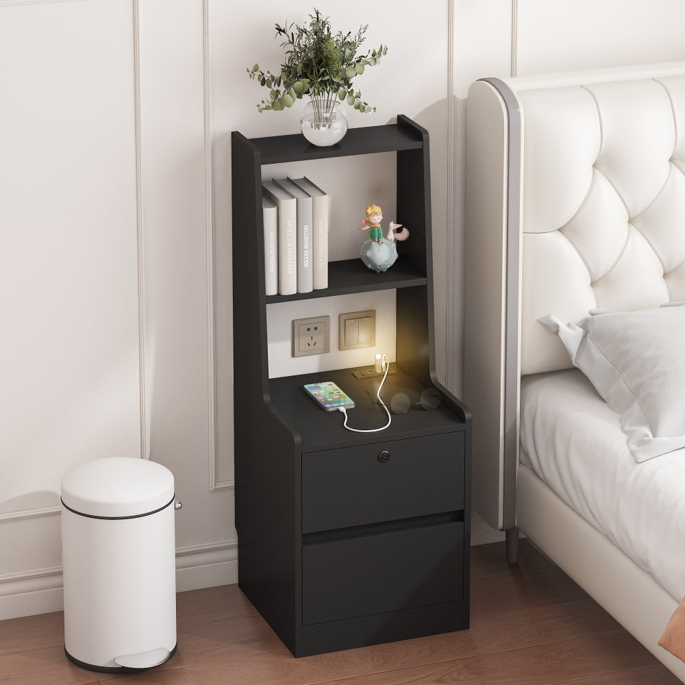 SunJet Nightstand with Charging Station, Smart Nightstand with Night Light, Modern Night Stand with Bookshelf, Bedside Tables with Storage Cabinet for Bedroom, Wood