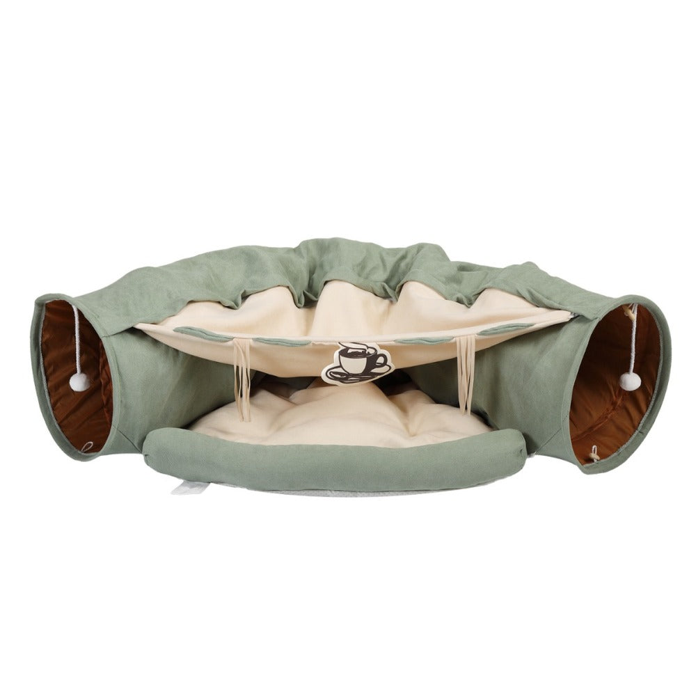 Collapsible Cat Tunnel Bed for Indoor Cats, Washable Cat Hide Tunnel with Hanging Toys and Cushion Mat, Coffee