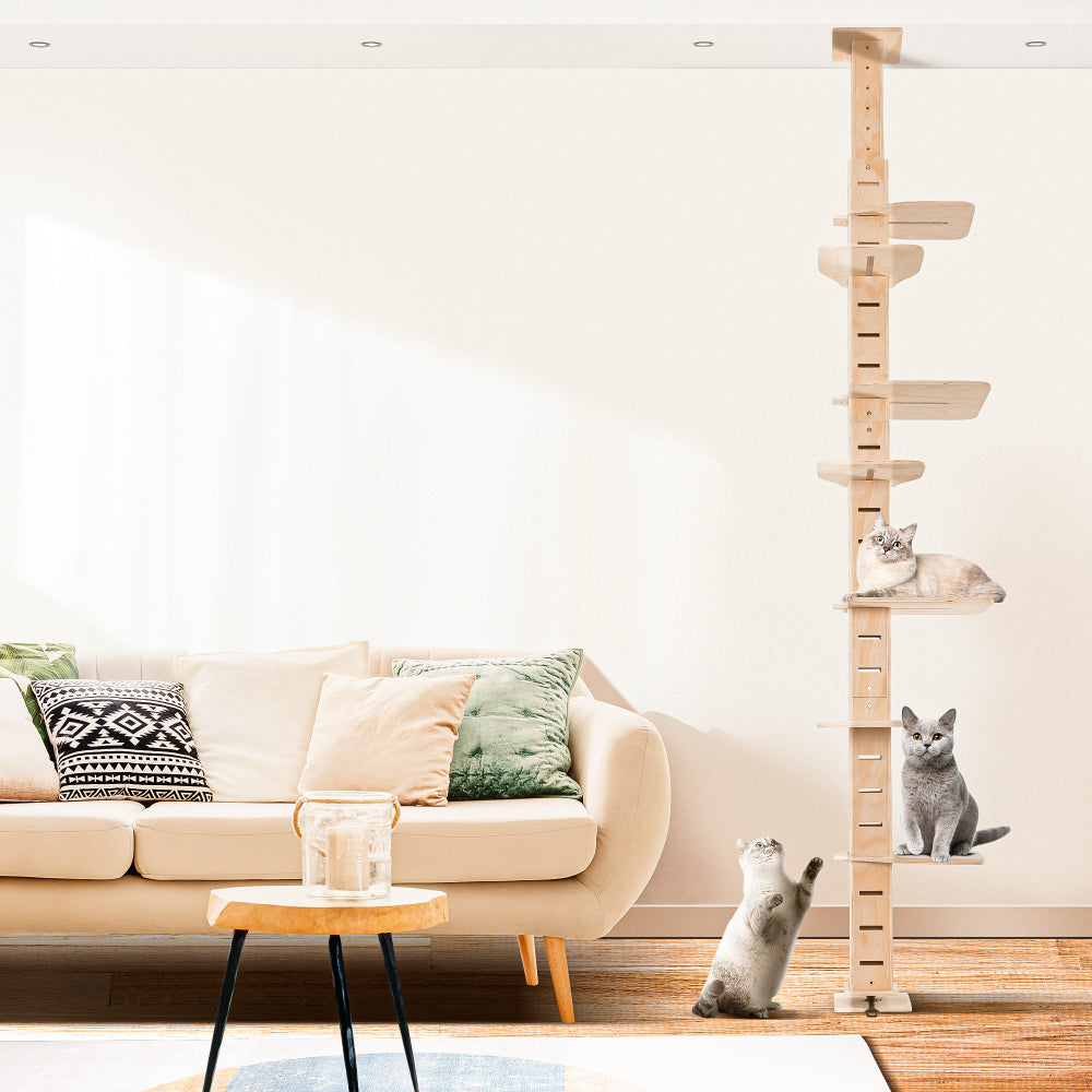 9' Adjustable Height Floor-to-Ceiling Cat Tree, Multi-Level Cat Vertical Cat Condo, Cat Climbing Frame Activity Center with Perching Shelves for Indoor Cats, Natural