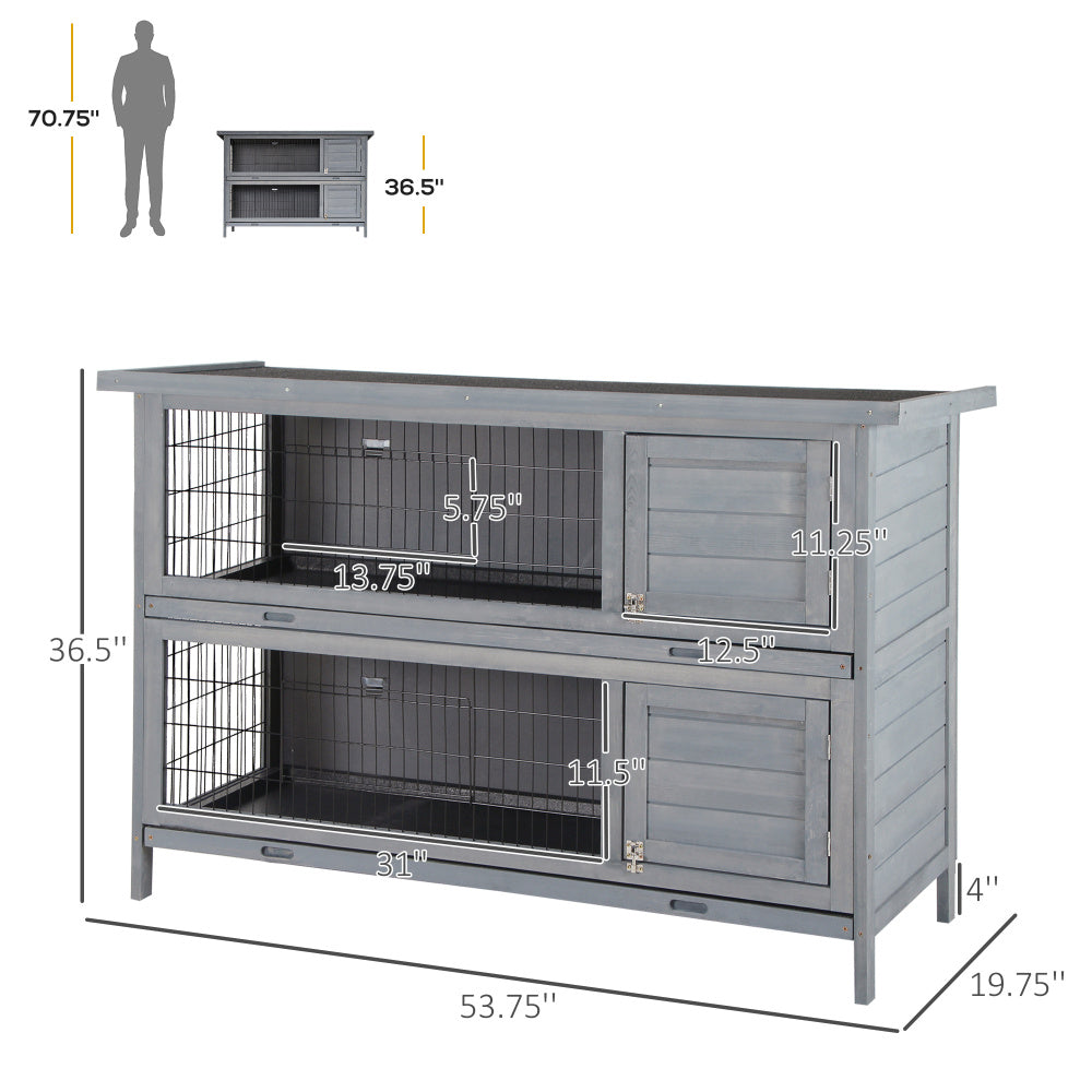 PawHut 54" 2-Story Large Rabbit Hutch Bunny Cage Wooden Pet House Small Animal Habitat with Lockable Doors, No Leak Tray and waterproof Roof for Outdoor/Indoor Grey