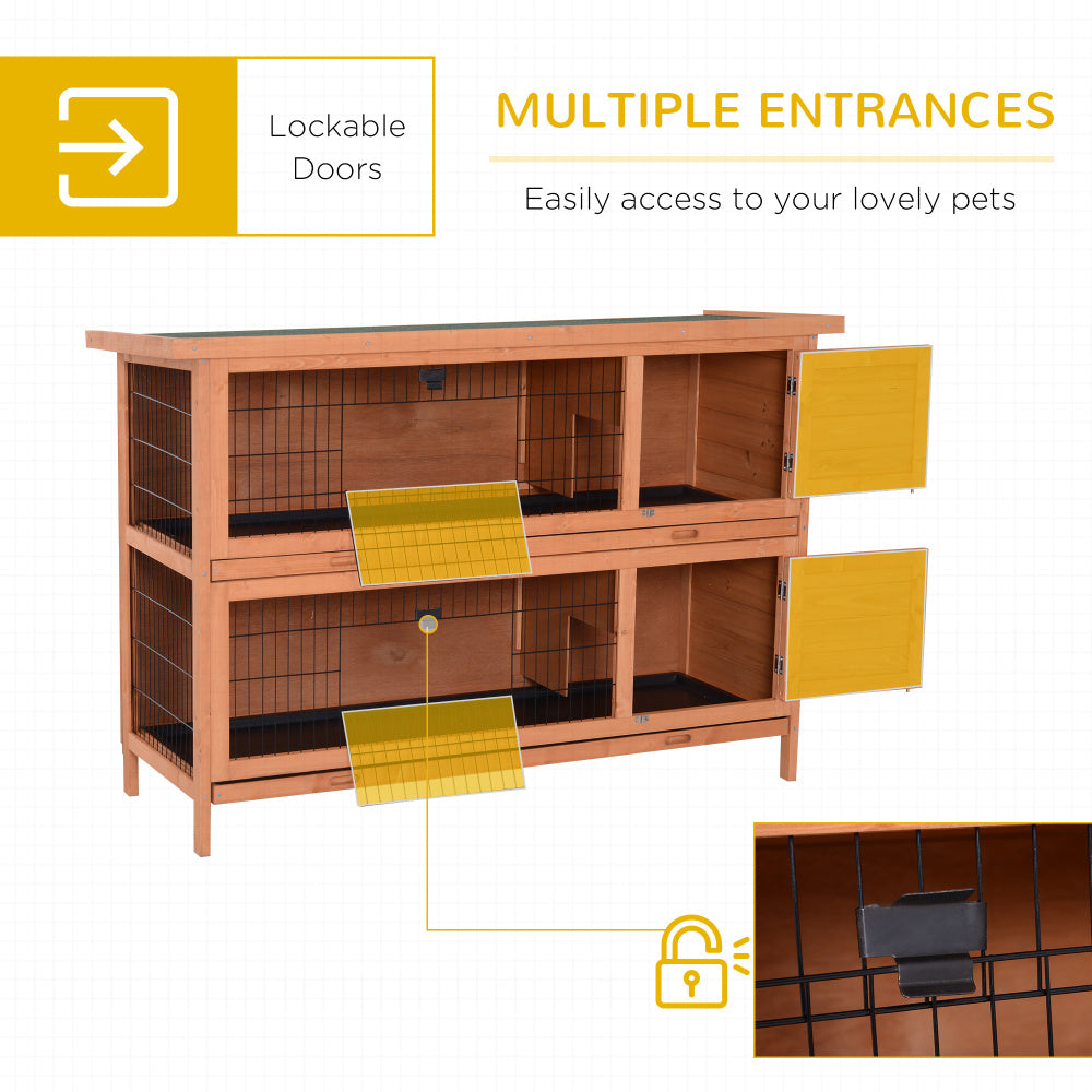PawHut 54" 2-Story Large Rabbit Hutch Bunny Cage Wooden Pet House Small Animal Habitat with Lockable Doors, No Leak Tray and waterproof Roof for Outdoor/Indoor Orange