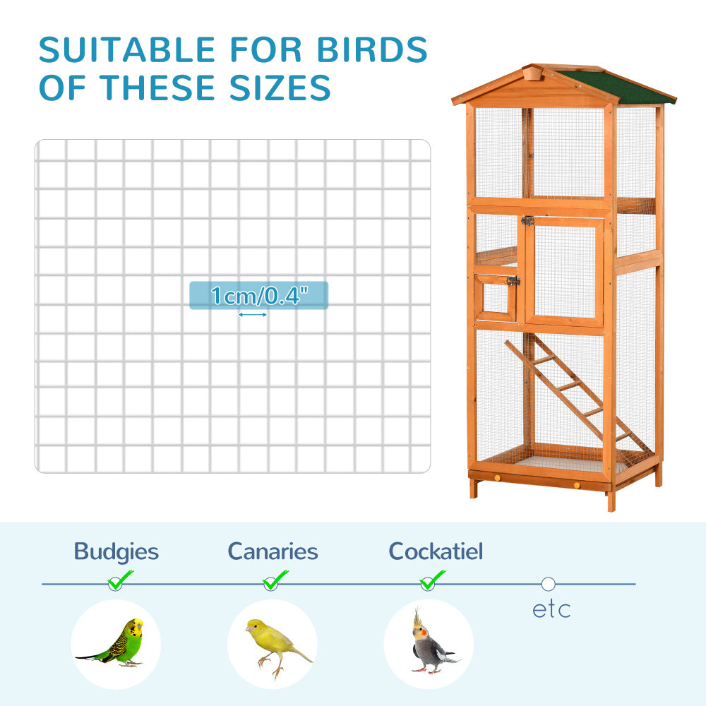 PawHut 65" Wooden Bird Cage Outdoor Aviary House for Parrot, Parakeet, with Pull Out Tray and 2 Doors, Orange