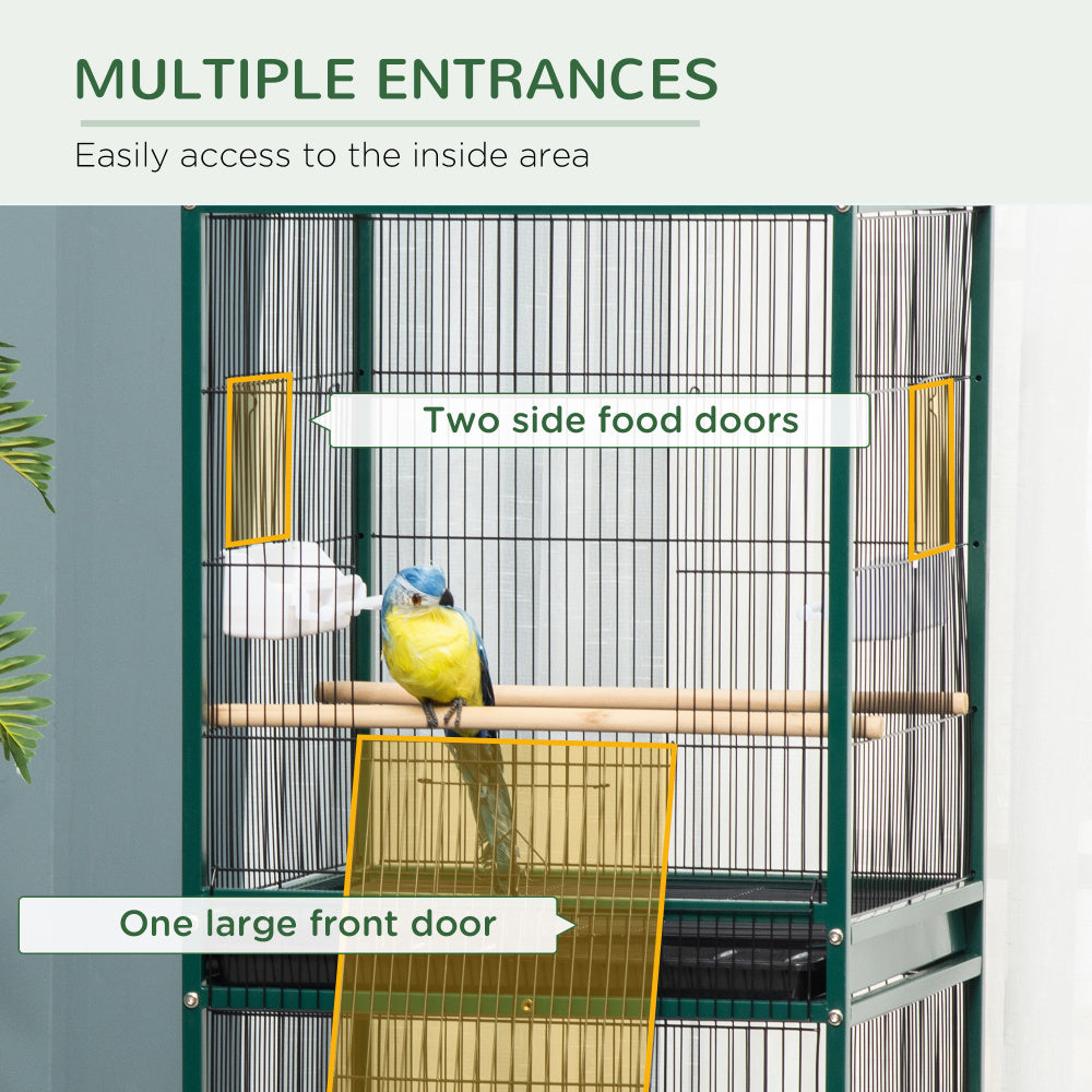 PawHut 55-Inch Large Flight Bird Cage, Bird Aviary Indoor with Multi-Door Design, Parrot Cage with Stand & Tray for Budgies, Canaries, Finches, Green