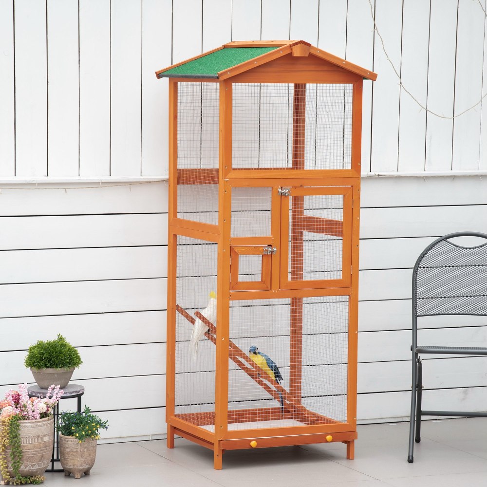 PawHut 65" Wooden Bird Cage Outdoor Aviary House for Parrot, Parakeet, with Pull Out Tray and 2 Doors, Orange
