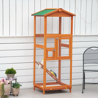PawHut 65" Wooden Bird Cage Outdoor Aviary House for Parrot, Parakeet, with Pull Out Tray and 2 Doors, Orange