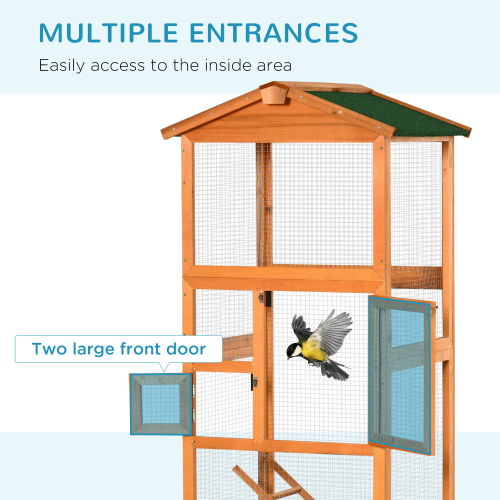 PawHut 65" Wooden Bird Cage Outdoor Aviary House for Parrot, Parakeet, with Pull Out Tray and 2 Doors, Orange
