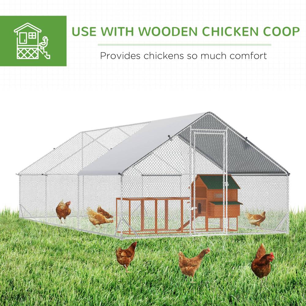 PawHut Large Chicken Coop Metal Chicken Run with Waterproof and Anti-UV Cover, Spire Shaped Walk in Fence Cage Hen House for Outdoor and Yard Farm Use, 1" Tube Diameter, 9.8' x 19.7' x 6.6'