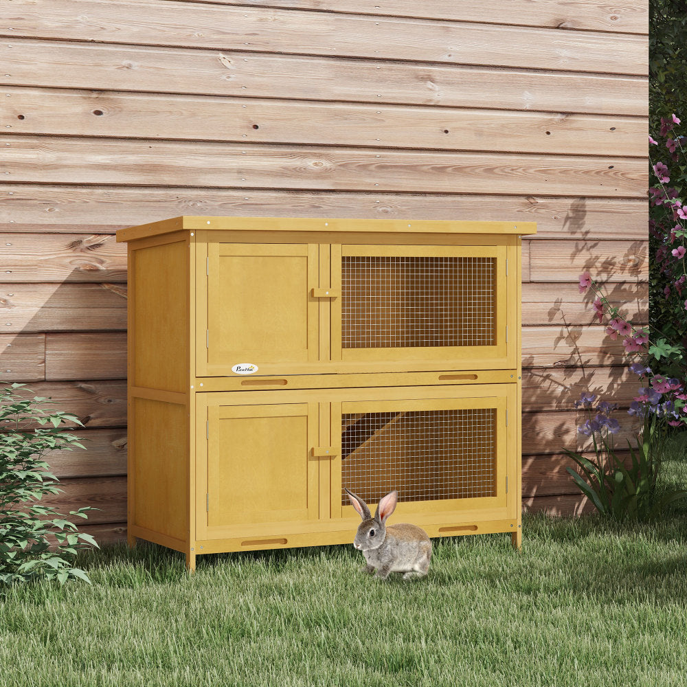 PawHut Wooden Bunny Rabbit Hutch, Small Animal Habitat with Ramp, Removable Tray & Weatherproof Roof, Indoor/Outdoor, Yellow