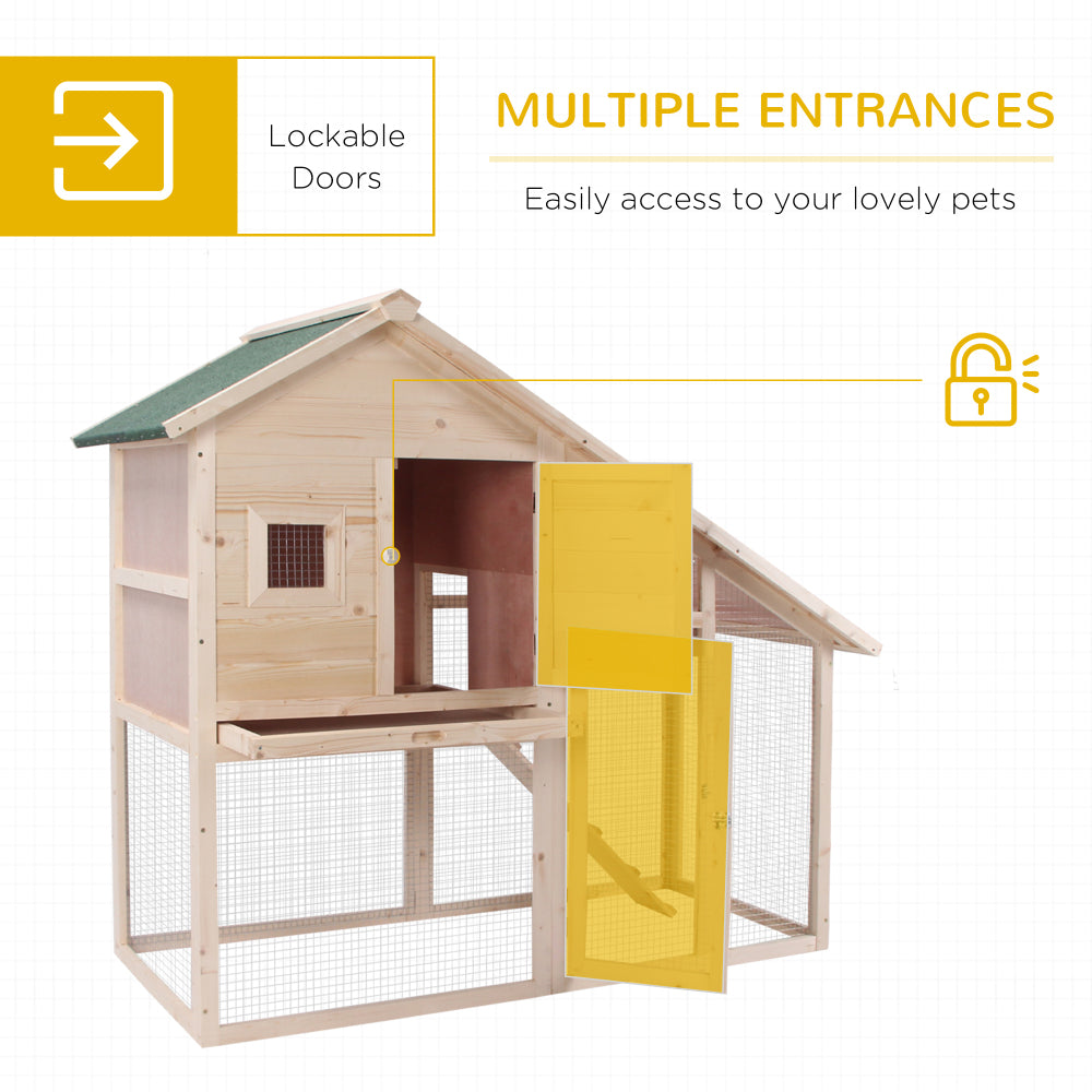 PawHut 55"L 2-Tier Wooden Rabbit Hutch Bunny Cage Small Animal House with Ramp, Waterproof Roof, Removable Tray and Outdoor Run