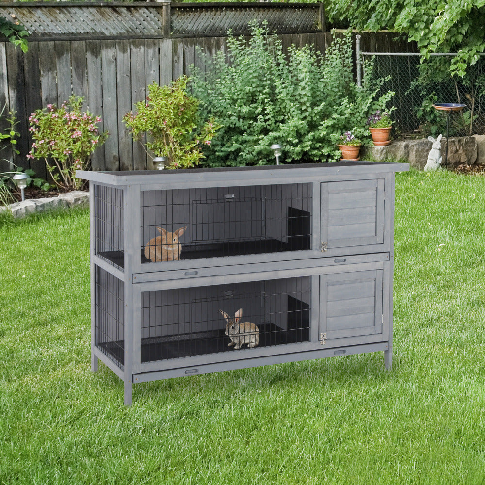 PawHut 54" 2-Story Large Rabbit Hutch Bunny Cage Wooden Pet House Small Animal Habitat with Lockable Doors, No Leak Tray and waterproof Roof for Outdoor/Indoor Grey