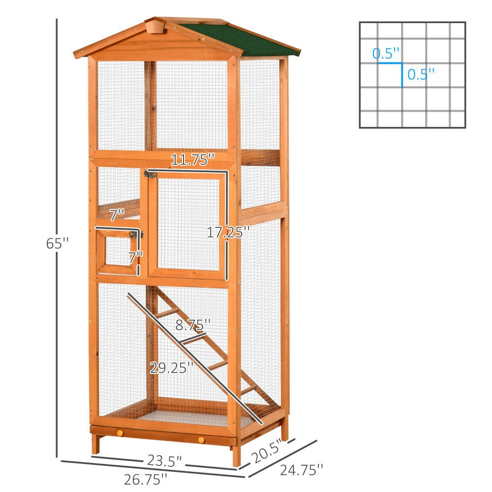 PawHut 65" Wooden Bird Cage Outdoor Aviary House for Parrot, Parakeet, with Pull Out Tray and 2 Doors, Orange