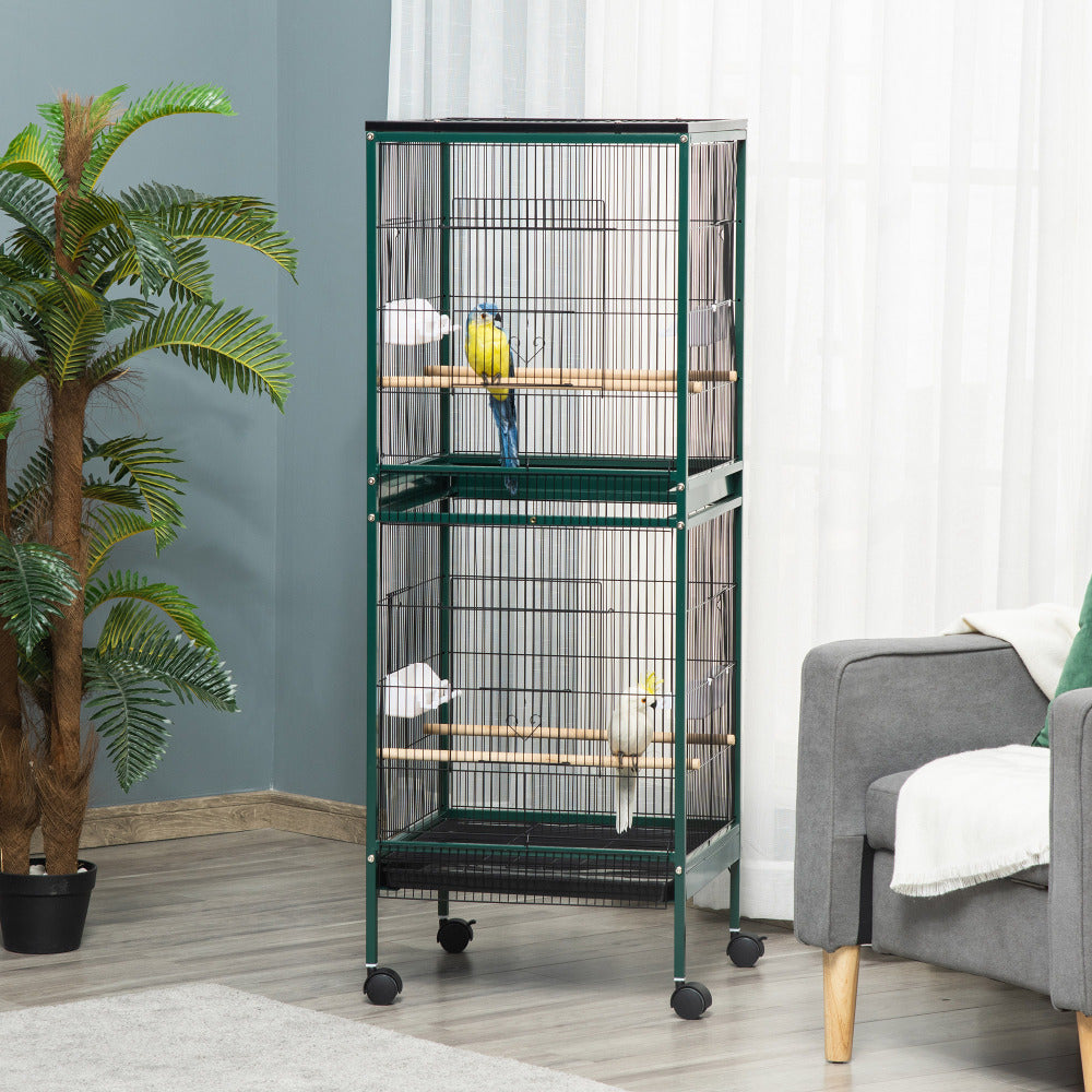 PawHut 55-Inch Large Flight Bird Cage, Bird Aviary Indoor with Multi-Door Design, Parrot Cage with Stand & Tray for Budgies, Canaries, Finches, Green