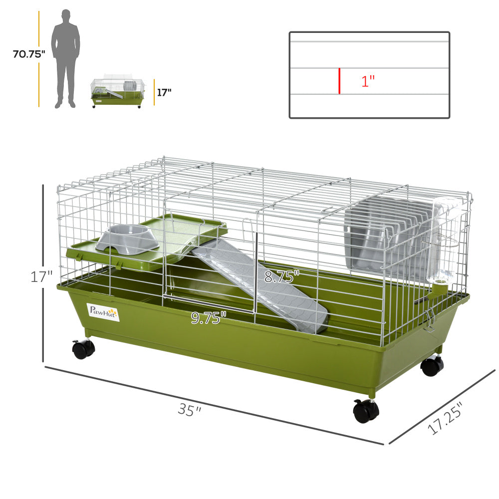 PawHut 35"L Small Animal Cage, Rolling Bunny Cage, Guinea Pig Cage with Food Dish, Water Bottle, Hay Feeder, Platform, Ramp for Ferret Chinchilla, Green