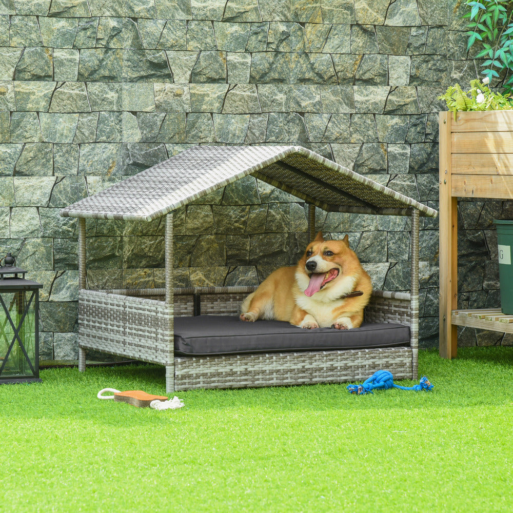 PawHut Wicker Dog House Outdoor with Canopy, Rattan Dog Bed with Water-resistant Cushion, for Small and Medium Dogs, Cream