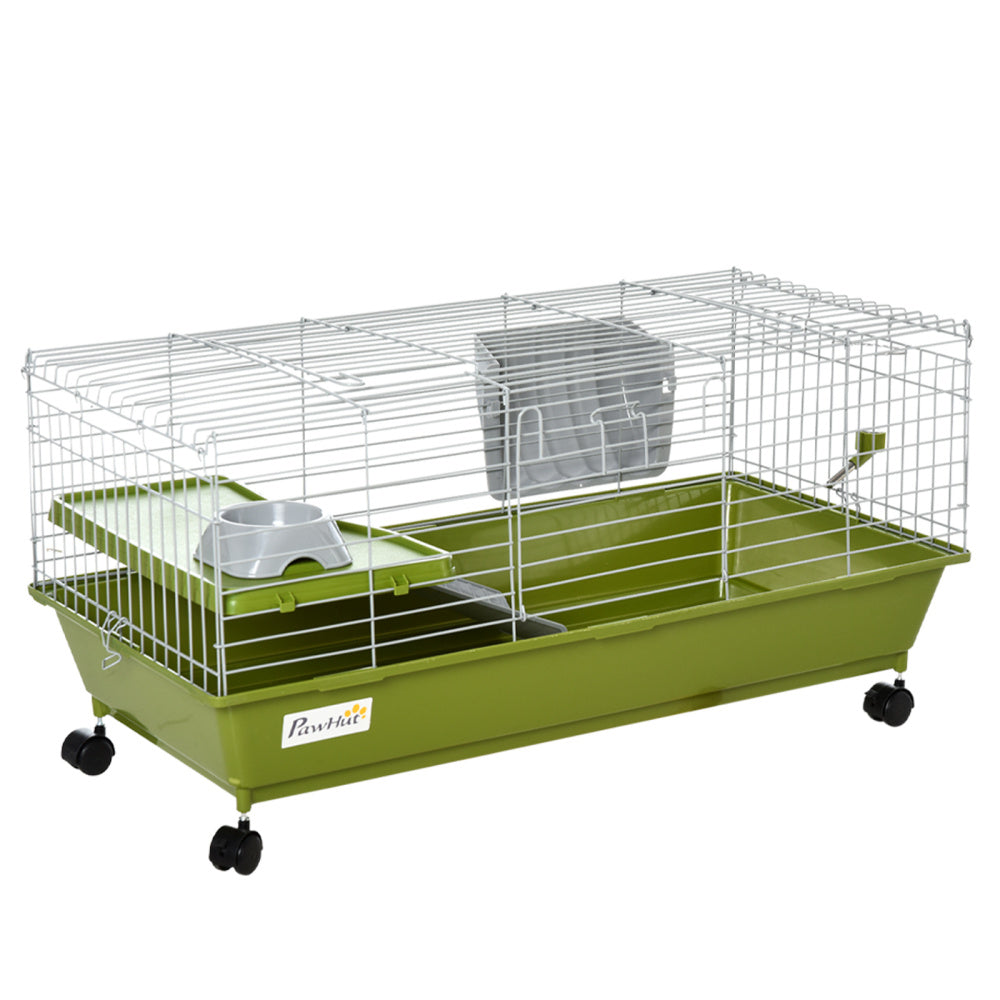 PawHut 35"L Small Animal Cage, Rolling Bunny Cage, Guinea Pig Cage with Food Dish, Water Bottle, Hay Feeder, Platform, Ramp for Ferret Chinchilla, Green