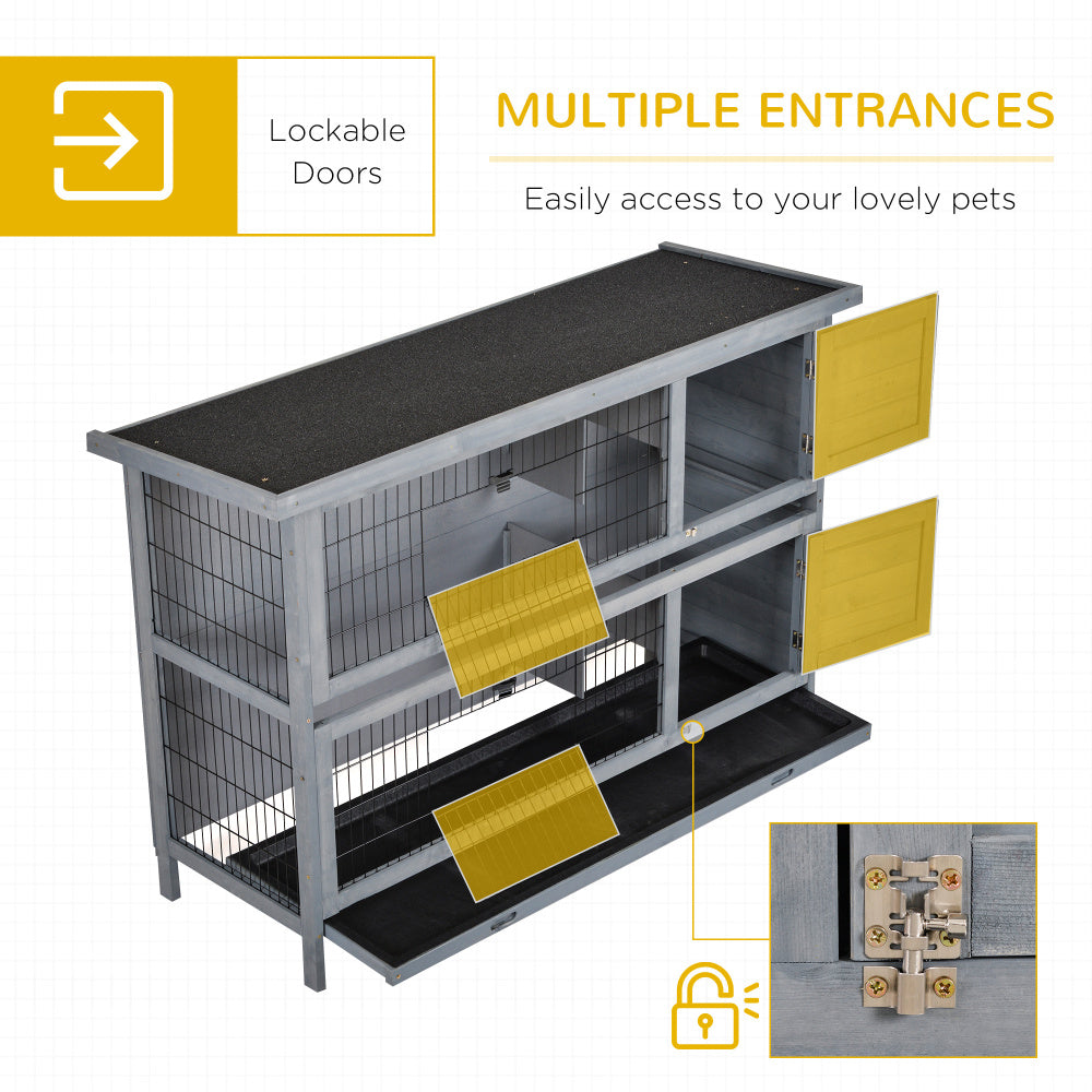 PawHut 54" 2-Story Large Rabbit Hutch Bunny Cage Wooden Pet House Small Animal Habitat with Lockable Doors, No Leak Tray and waterproof Roof for Outdoor/Indoor Grey
