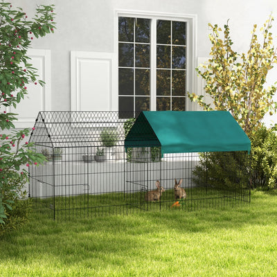 PawHut 87" Small Animal Playpen, Pet Playpen Yard Fence for Rabbits, Chicken, Chinchillas with Roof for Indoor & Outdoor, Green