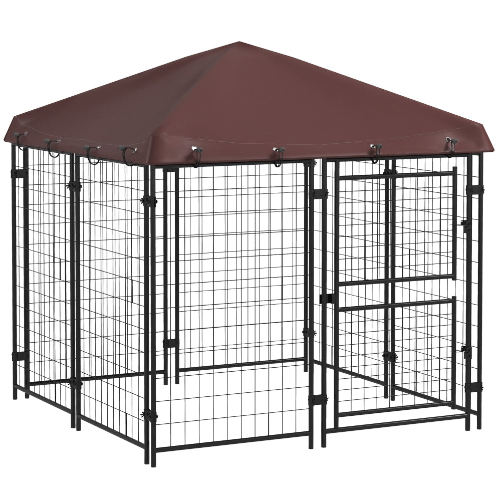 PawHut 4.6' x 5' Dog Kennel Outdoor with Waterproof Cover, Dog Playpen for Small and Medium-Sized Dogs with Two Part Door Design, Brown