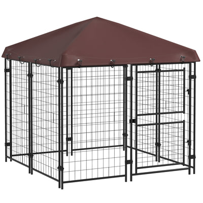 PawHut 4.6' x 5' Dog Kennel Outdoor with Waterproof Cover, Dog Playpen for Small and Medium-Sized Dogs with Two Part Door Design, Brown
