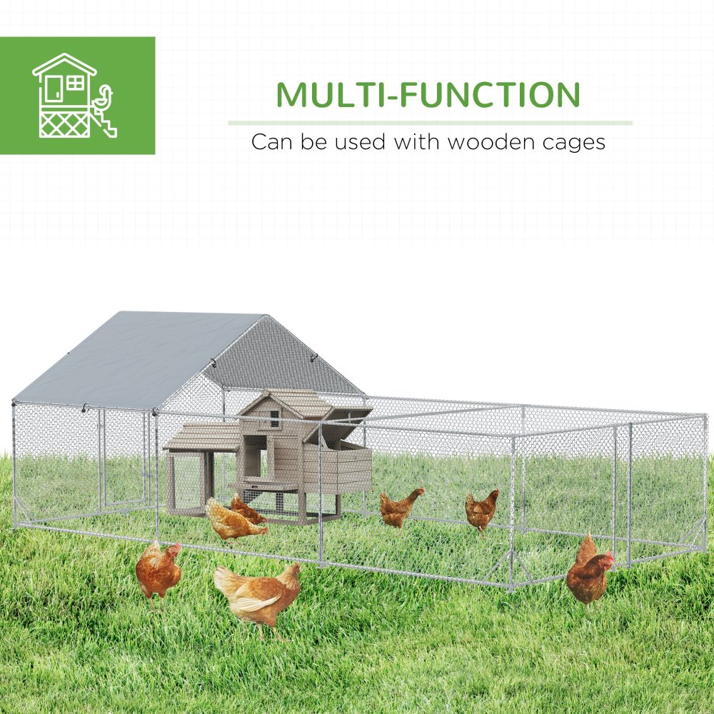 PawHut Large Chicken Coop Metal Chicken Run for Chickens with Waterproof and Anti-UV Cover, Spire Shaped Walk in Fence Cage Hen House for Outdoor and Yard Farm Use, 1" Dia, 9.8' x 19.7' x 6.4'