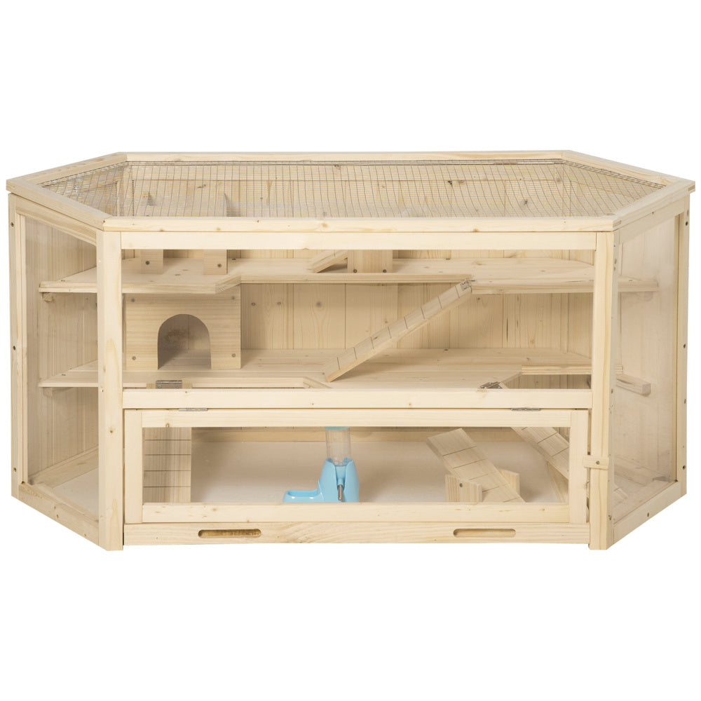 PawHut Wooden Large Hamster Cage Small Animal Exercise Play House 3 Tier with Tray, Seesaws, Water Bottle, Activity Center, Natural