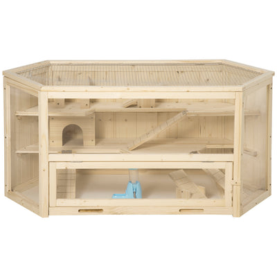 PawHut Wooden Large Hamster Cage Small Animal Exercise Play House 3 Tier with Tray, Seesaws, Water Bottle, Activity Center, Natural