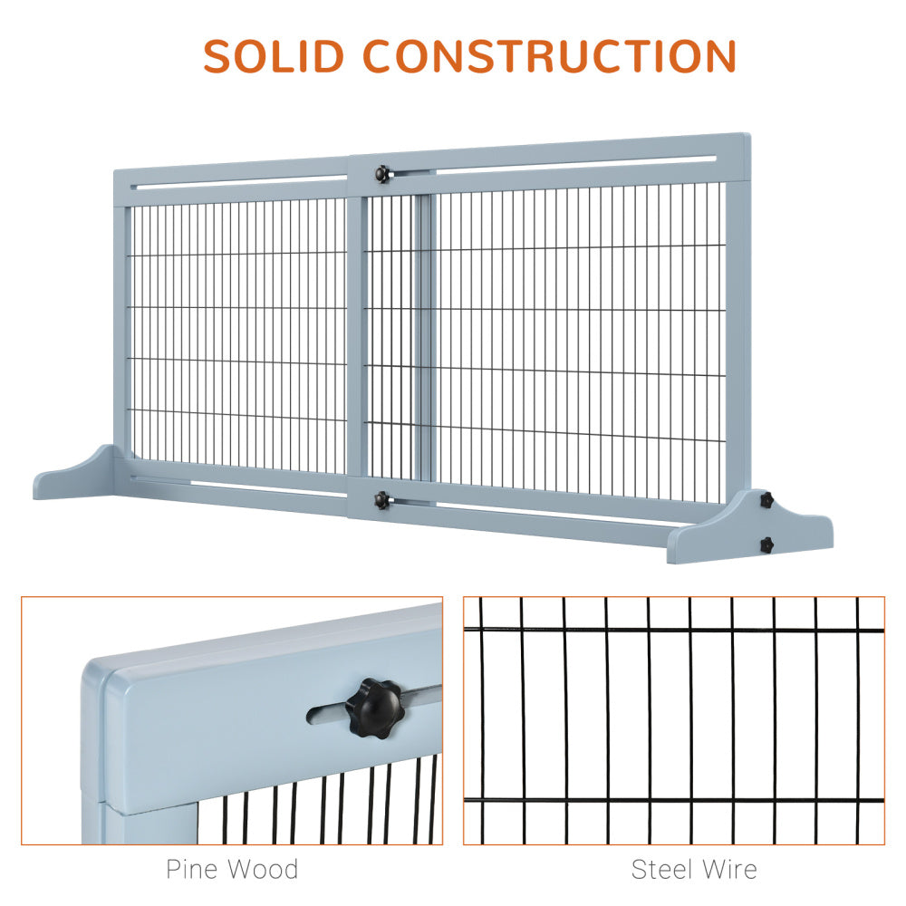 PawHut 72" W x 27.25" H Extra Wide Freestanding Pet Gate with Adjustable Length Dog, Cat, Barrier for House, Doorway, Hallway, Blue-grey