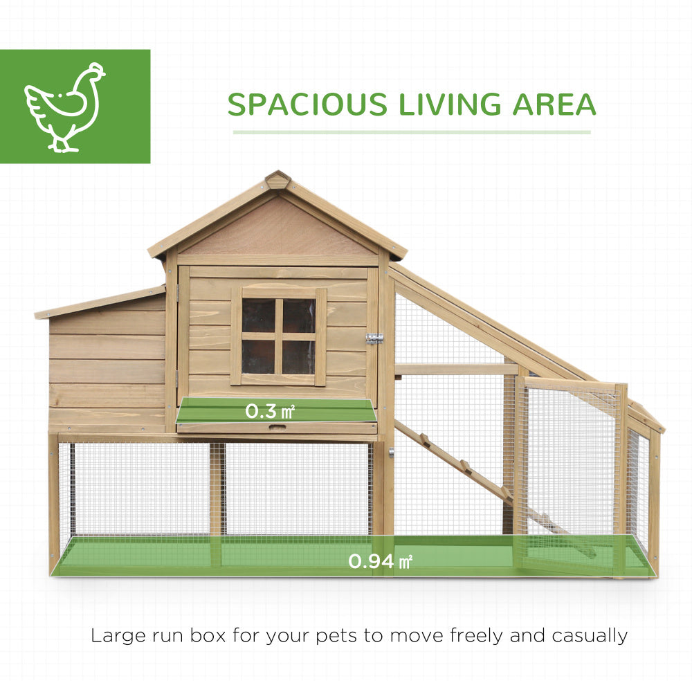 PawHut 69" Wooden Chicken Coop, Poultry Cage Hen House with Connecting Ramp, Removable Tray, Ventilated Window and Nesting Box, Natural