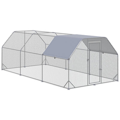 PawHut Large Chicken Coop Metal Chicken Run with Waterproof and Anti-UV Cover, Flat Shaped Walk in Fence Cage Hen House for Outdoor and Yard Farm Use, 1" Tube Diameter, 9.2' x 18.7' x 6.4'