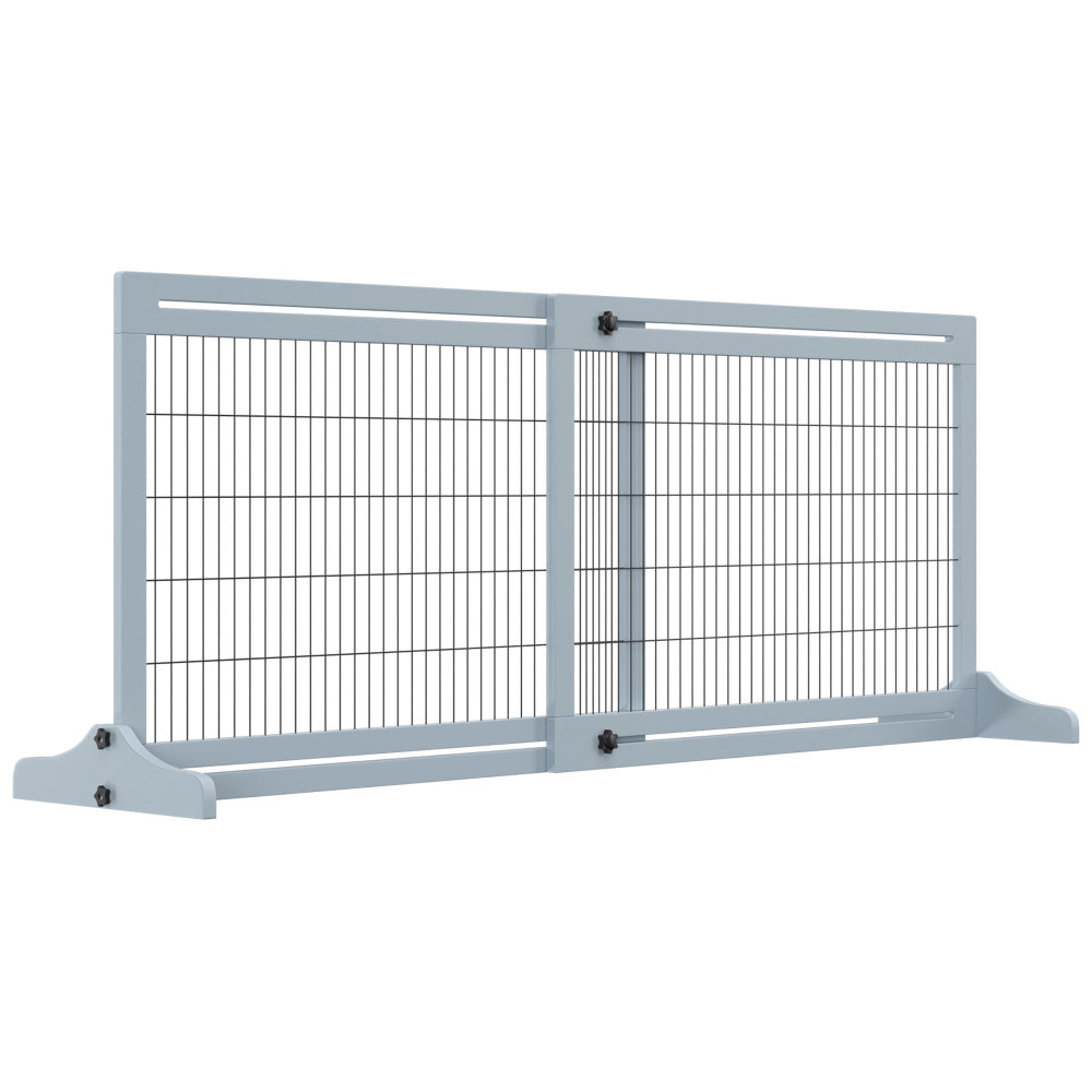 PawHut 72" W x 27.25" H Extra Wide Freestanding Pet Gate with Adjustable Length Dog, Cat, Barrier for House, Doorway, Hallway, Blue-grey