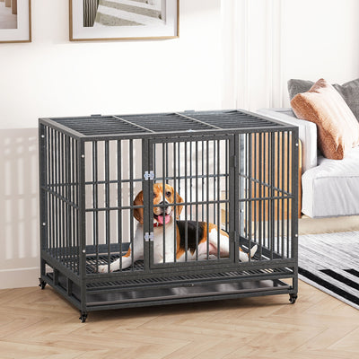 PawHut 43" Heavy Duty Dog Crate Metal Cage Kennel with Lockable Wheels, Double Door and Removable Tray, Grey