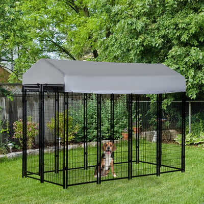 PawHut 8' x 4' x 6' Dog Playpen Outdoor, Dog Kennel Dog Exercise Pen with Lockable Door, Water-resistant Canopy, for Medium and Large Dogs