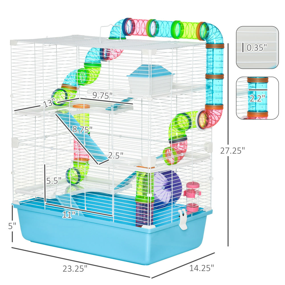 PawHut Extra Large 23" Hamster Cage with Tubes and Tunnels, Portable Carry Handles, Rat House and Habitats Big 5-Tier Design, Includes Exercise Wheel, Water Bottle, Food Dish, Light Blue