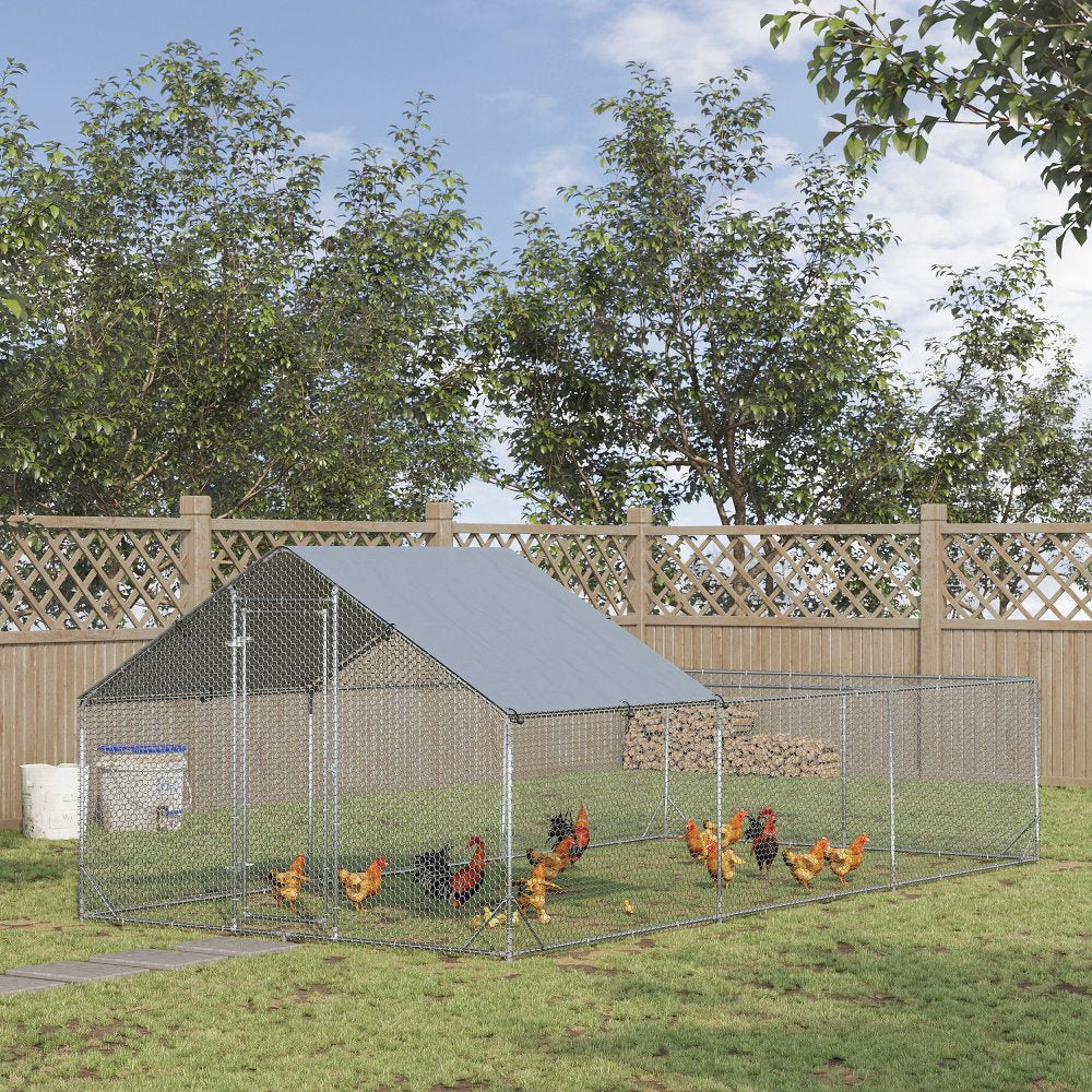 PawHut Large Chicken Coop Metal Chicken Run for Chickens with Waterproof and Anti-UV Cover, Spire Shaped Walk in Fence Cage Hen House for Outdoor and Yard Farm Use, 1" Dia, 9.8' x 19.7' x 6.4'