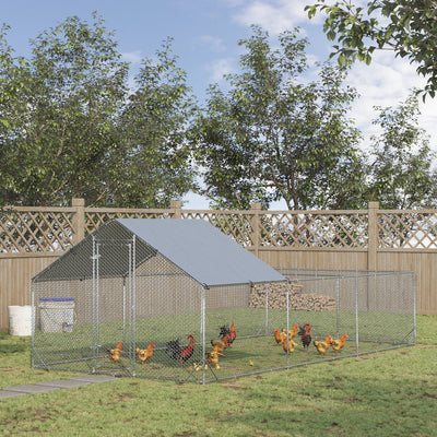 PawHut Large Chicken Coop Metal Chicken Run for Chickens with Waterproof and Anti-UV Cover, Spire Shaped Walk in Fence Cage Hen House for Outdoor and Yard Farm Use, 1" Dia, 9.8' x 19.7' x 6.4'
