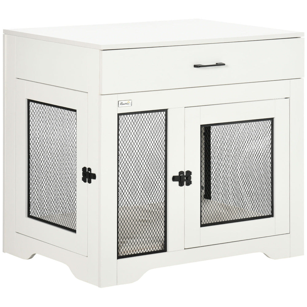 PawHut Dog Crate Furniture with Soft Water-Resistant Cushion, Dog Crate End Table with Drawer, Puppy Crate for Small Dogs Indoor with 2 Doors, White