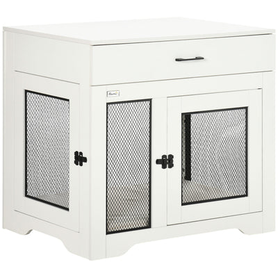 PawHut Dog Crate Furniture with Soft Water-Resistant Cushion, Dog Crate End Table with Drawer, Puppy Crate for Small Dogs Indoor with 2 Doors, White