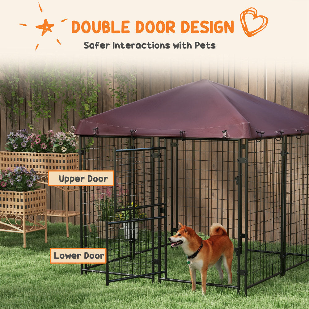 PawHut 4.6' x 5' Dog Kennel Outdoor with Waterproof Cover, Dog Playpen for Small and Medium-Sized Dogs with Two Part Door Design, Brown